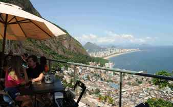 Tourists enjoying drinks with panoramic views over Rio de Janeiro and the favelas from a veranda cafe. 