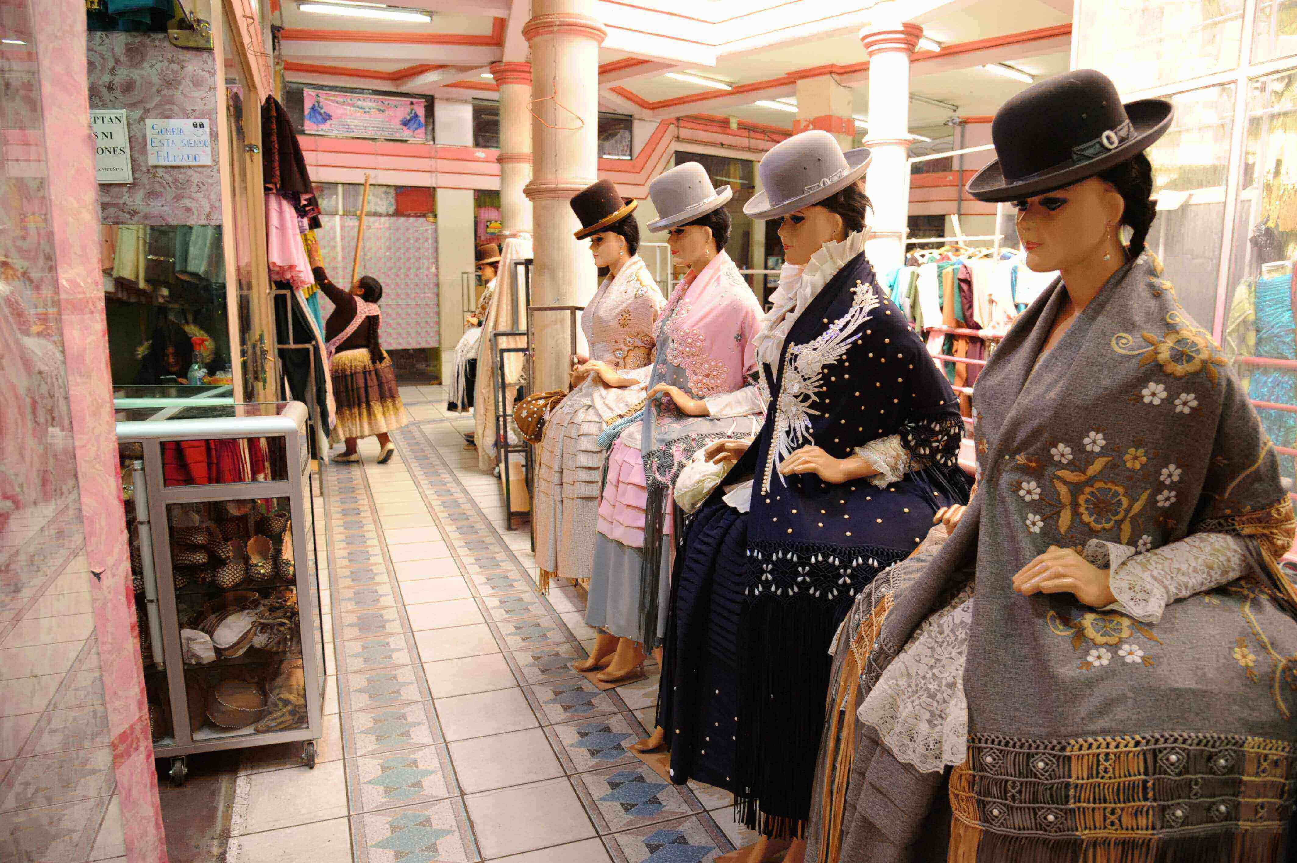 Traditional Cholita fashion with bowler hats on display in La Paz, Boliva. 