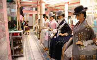 Traditional Cholita fashion with bowler hats on display in La Paz, Boliva. 