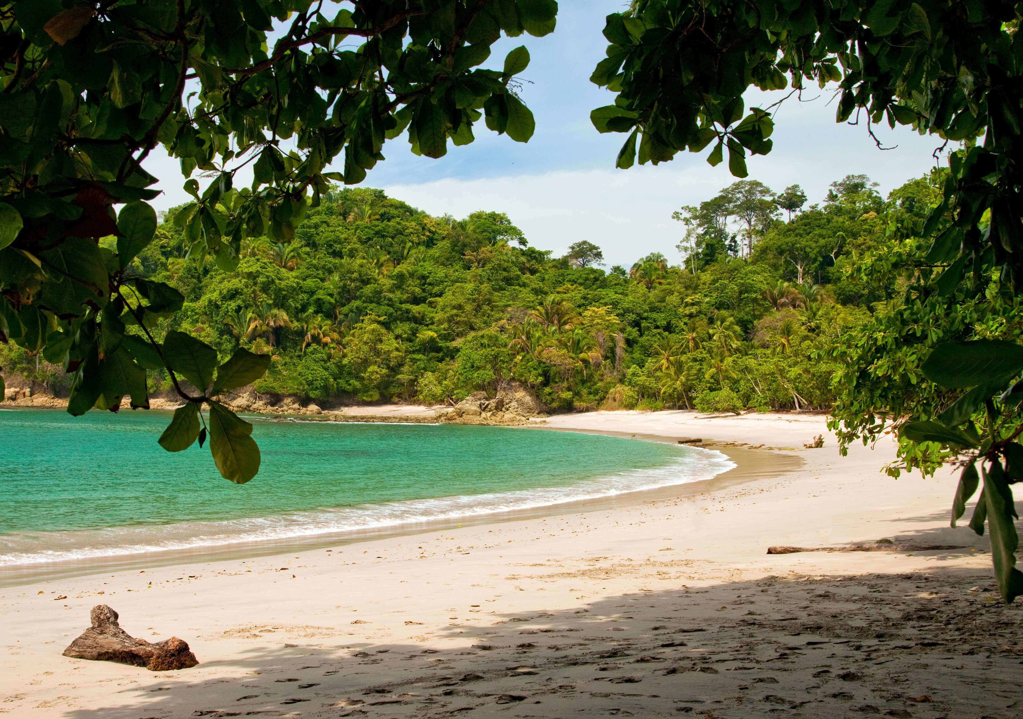 Secluded white sand beach with turquoise water and jungle backdrop at Manuel Antonio, Costa Rica. 