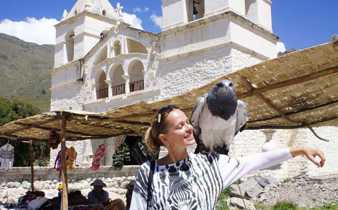 A traveler smiles with a parrot in Chivay's lively market, beneath the white towers of a historic Andean church. 