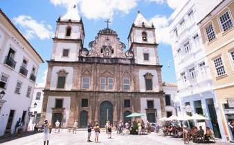 The Church of Sao Francisco stands in the heart of Salvador's historic Pelourinho district, showcasing Baroque architecture and vibrant local culture. 