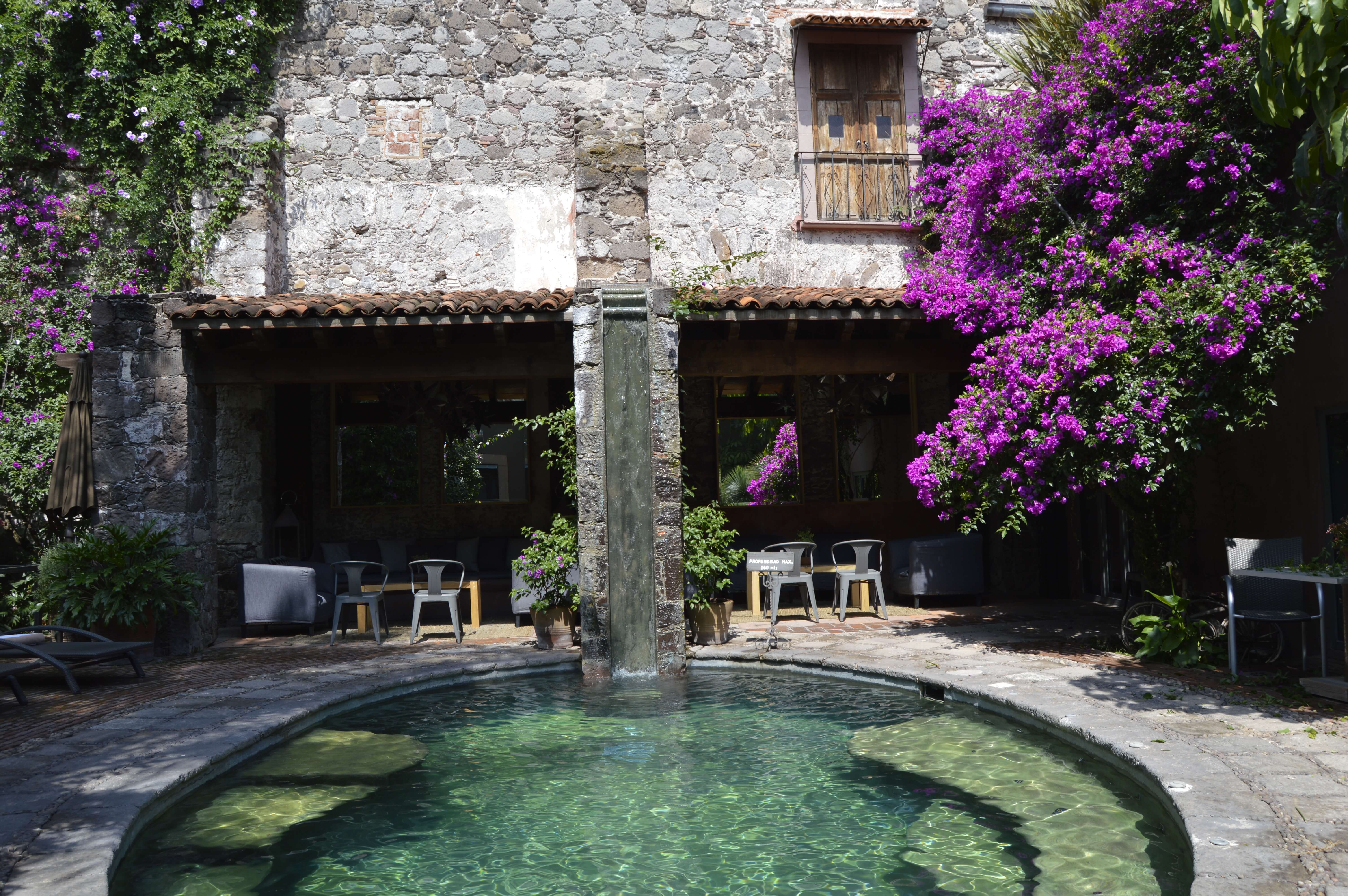 Stone courtyard with small pool, flowering plants, and rustic seating at a boutique hotel in San Miguel de Allende, Mexico. 
