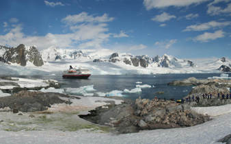 Expedition cruise lands in Antarctica amid glaciers, mountains, and wildlife. 